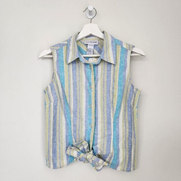 Vintage JG Hook Pastel Green Blue Purple Striped Linen Blend Button Down Top S - Picture 1 of 8